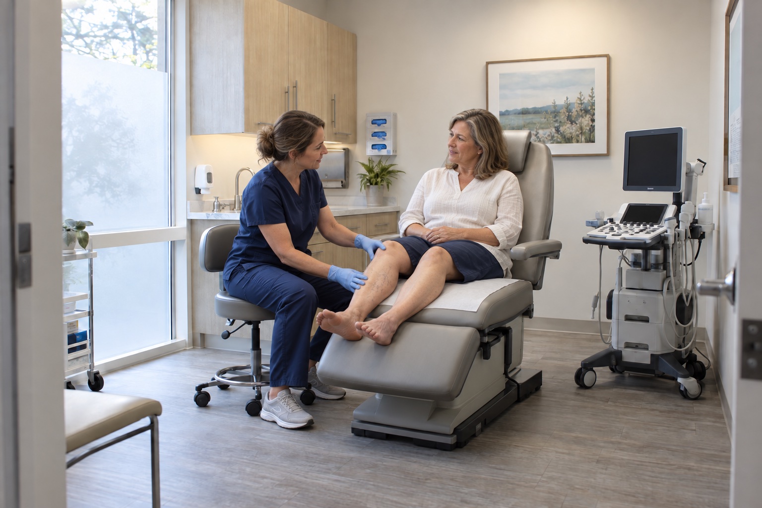 Illustrative clinician gently assessing an adult woman’s lower leg in the same vein clinic examination room.