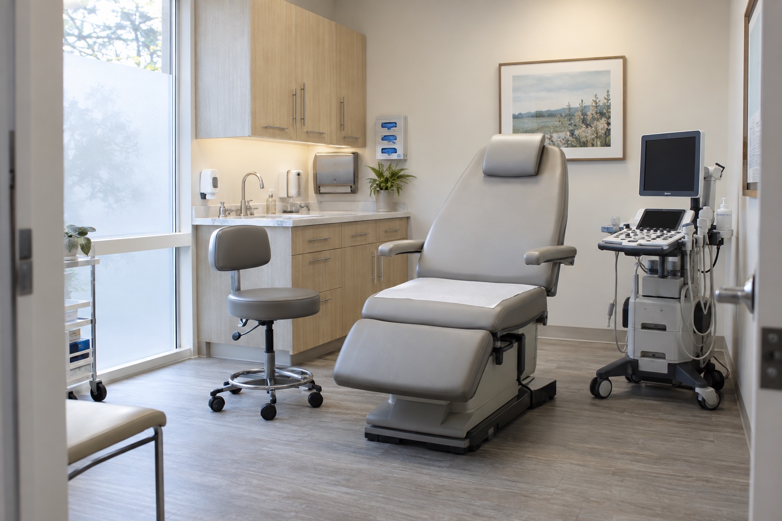 Illustrative empty vein clinic examination room with a treatment chair and ultrasound equipment.